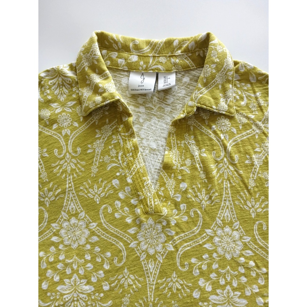 Joie Soft Linen Blend Ochre Yellow w/White Floral Pattern Top Women's Size L